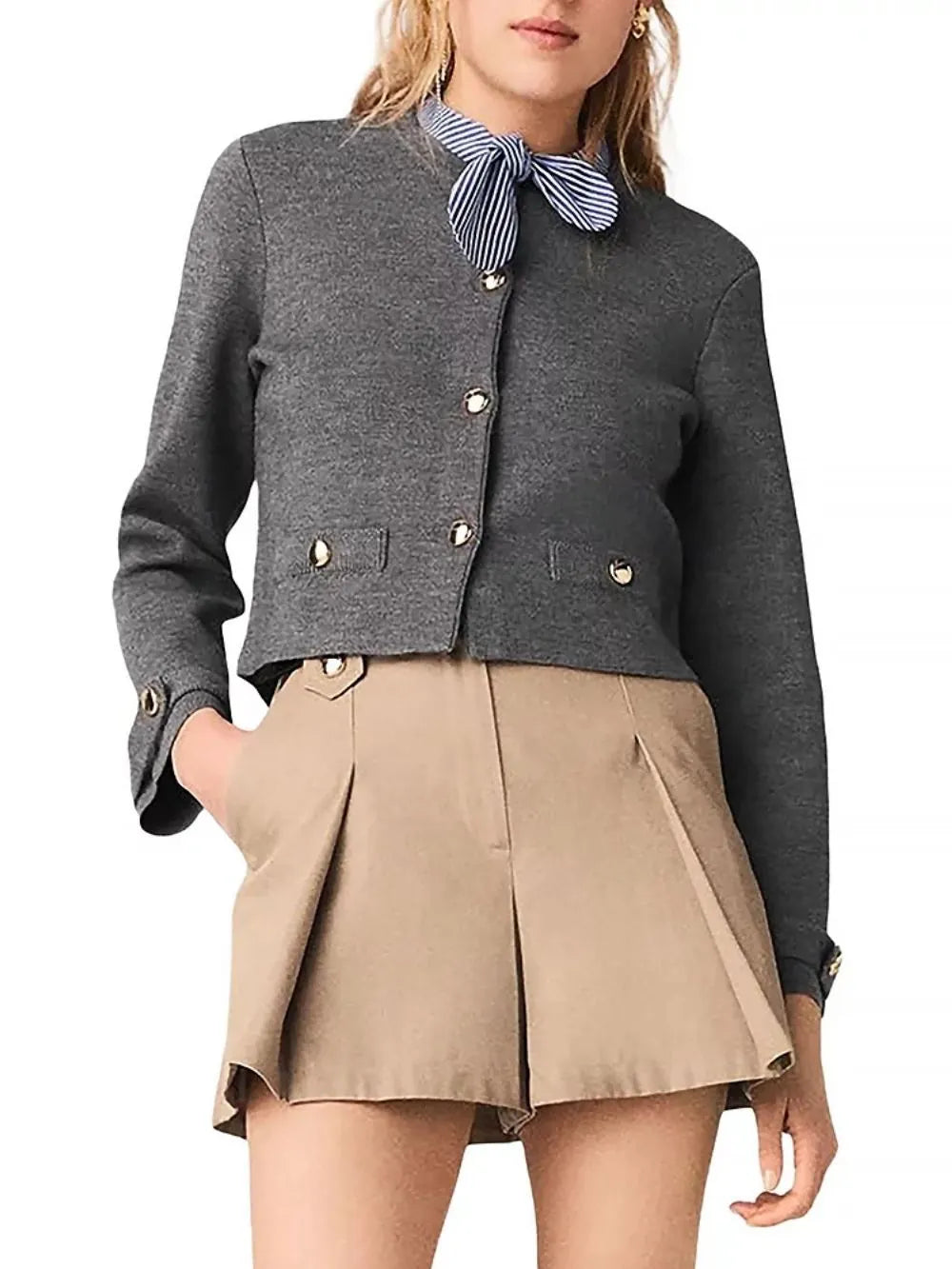 Removable Striped Collar Cardigan Flowering Girl