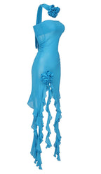 Ruffle Rosette Mesh Midi Dress In Blue Flowering Girl