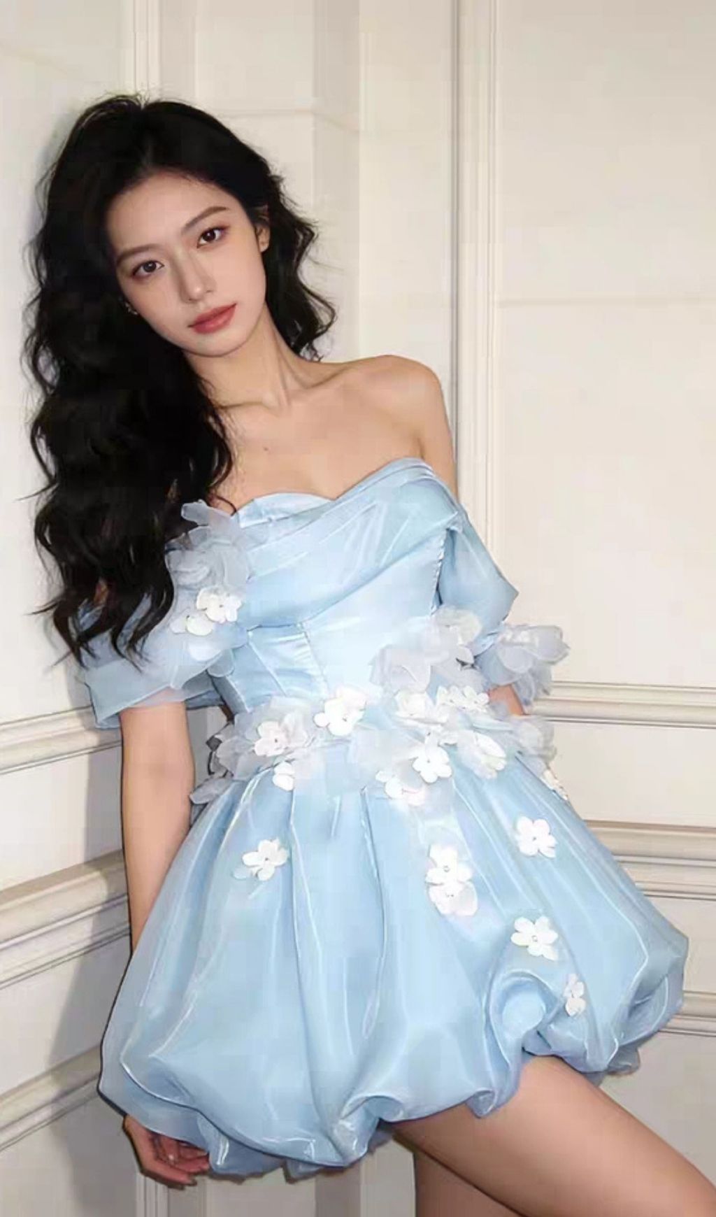 Krissa Blue Off-Shoulder Flower Mini Dress Flowering Girl
