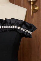 Black Structured Crepe Column Gown with Rhinestone Ruffle Flowering Girl