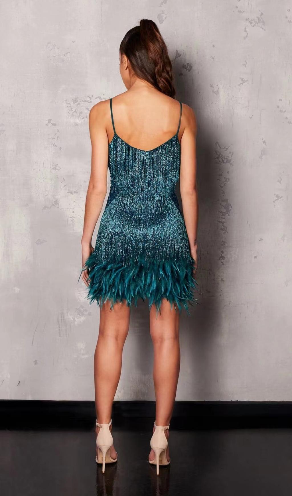 Emerald Tassel Feather Mini Dress Flowering Girl