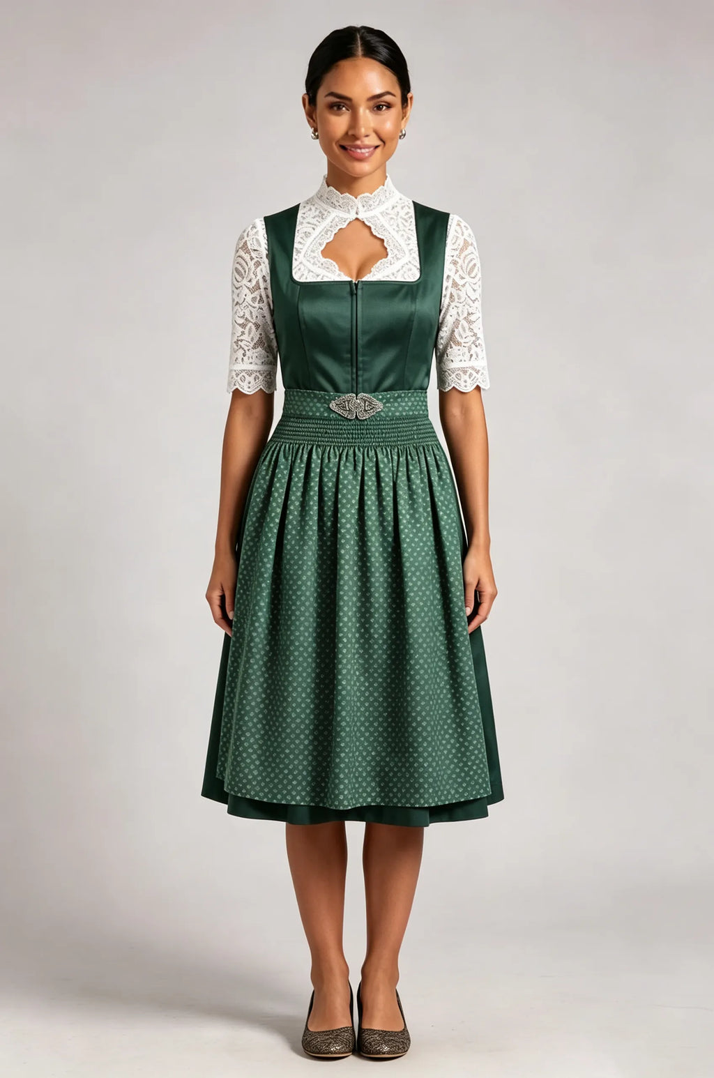 Dark Green Satin-Finish Polyester Or Silk Blend Fit-And-Flare Dirndl Set Flowering Girl
