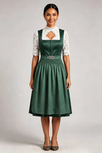 Dark Green Satin-Finish Polyester Or Silk Blend Fit-And-Flare Dirndl Set Flowering Girl
