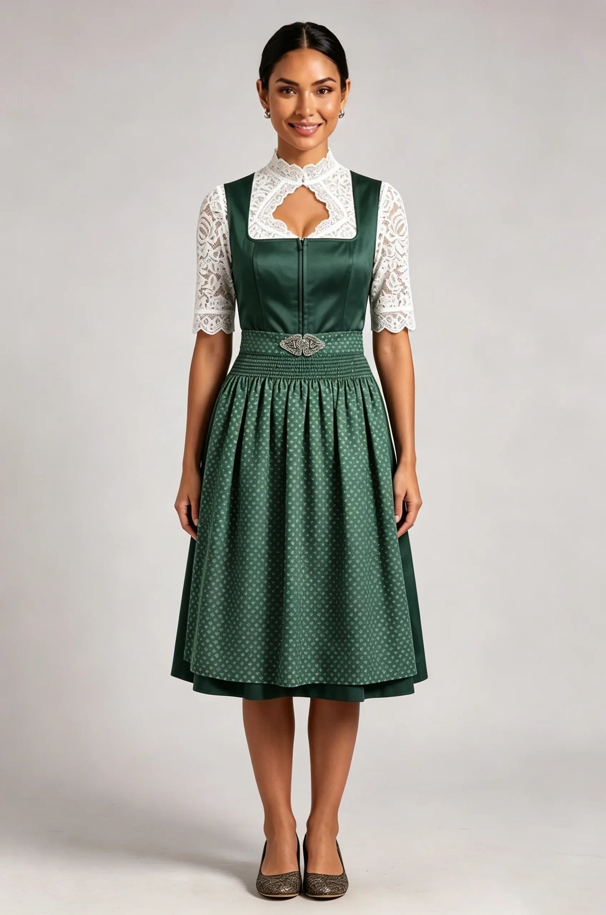 Dark Green Satin-Finish Polyester Or Silk Blend Fit-And-Flare Dirndl Set Flowering Girl