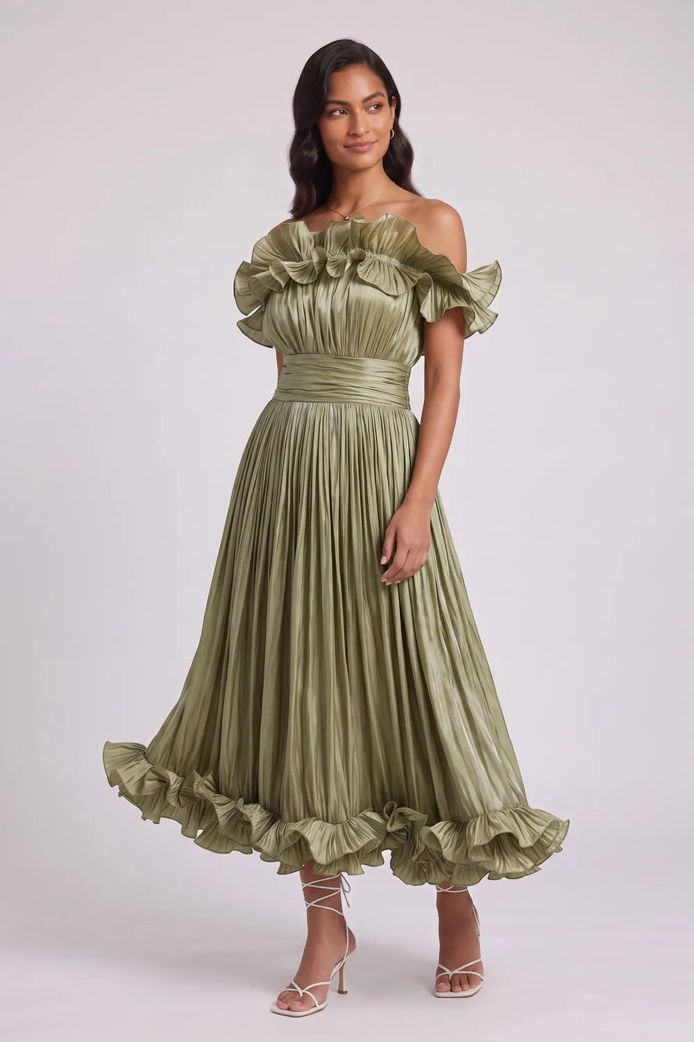 Olive Green Pleated Satin Or Taffeta Fit-And-Flare, Off-The-Shoulder Midi Dress Flowering Girl