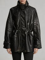 Malu PU Leather Drawstring Jacket Flowering Girl