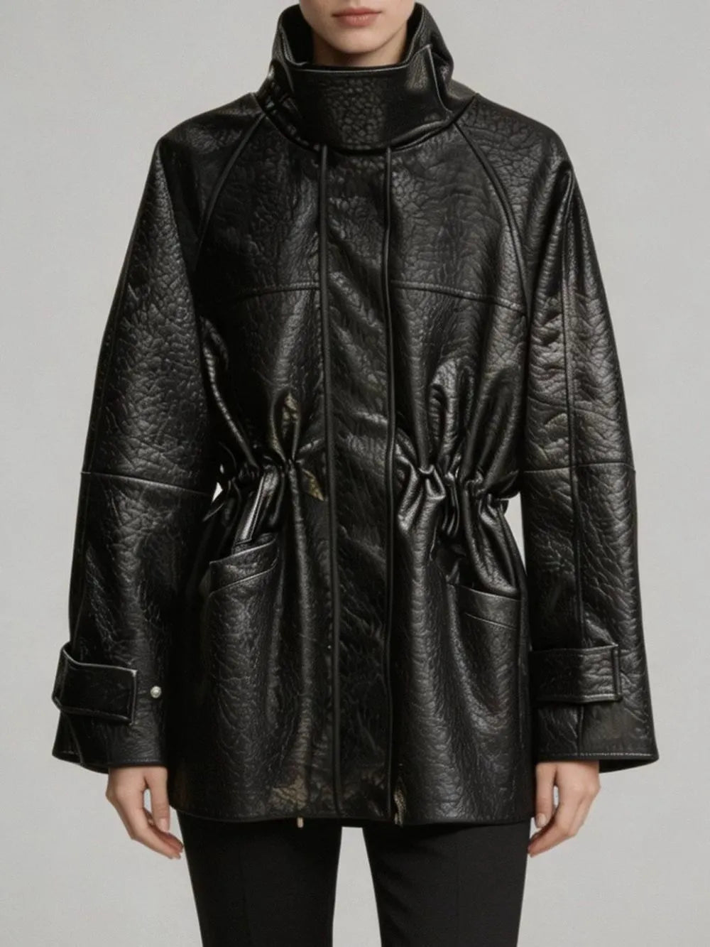 Malu PU Leather Drawstring Jacket Flowering Girl