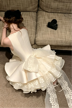 Cream Structured Satin Fit-and-Flare Mini Dress with Tiered Ruffles and Back Bow Flowering Girl