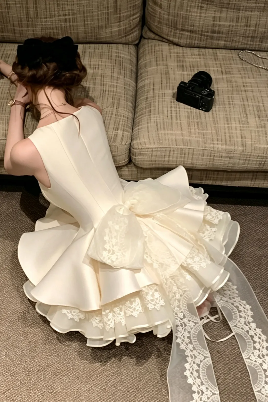 Cream Structured Satin Fit-and-Flare Mini Dress with Tiered Ruffles and Back Bow Flowering Girl