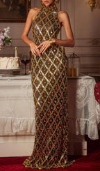 Liora Sequin Crystal Maxi Dress In Gold Flowering Girl