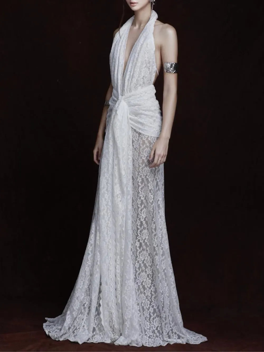 Fynderic Plunge Neck Lace Split Maxi Dress Flowering Girl