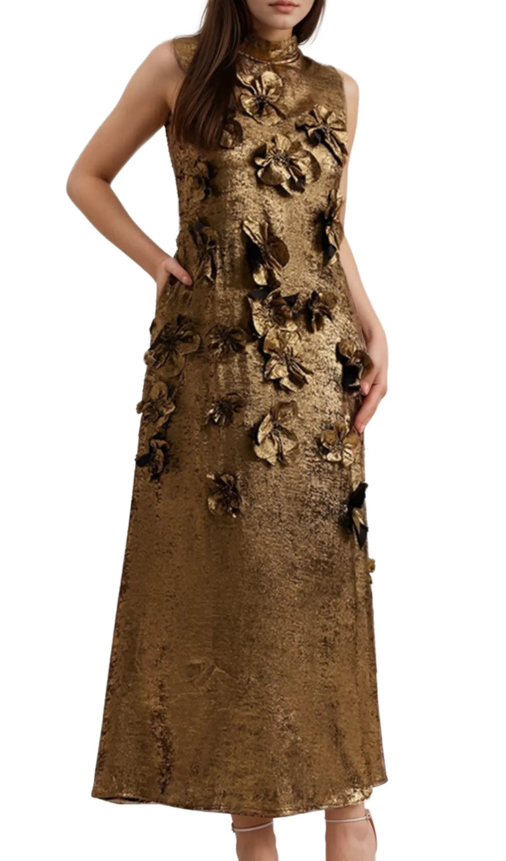 adela 3d floral embellished maxi dress in gold Flowering Girl