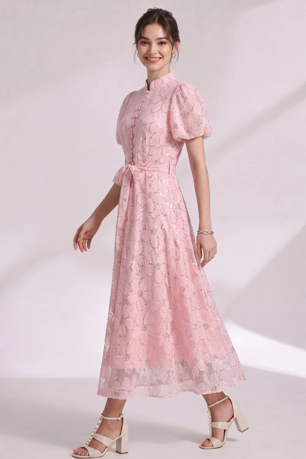 Light Pink Sheer Organza A-Line Midi Dress with Floral Applique Flowering Girl