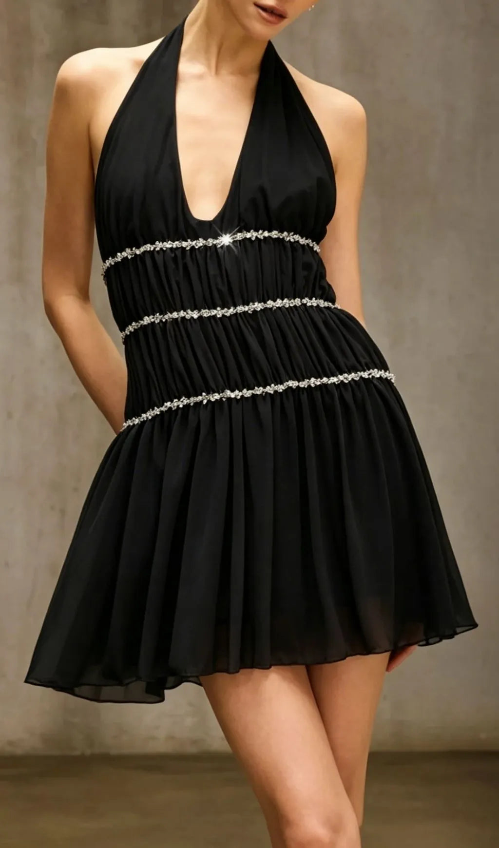 Doutzen Black Halterneck Rhinestone Mini Dress Flowering Girl