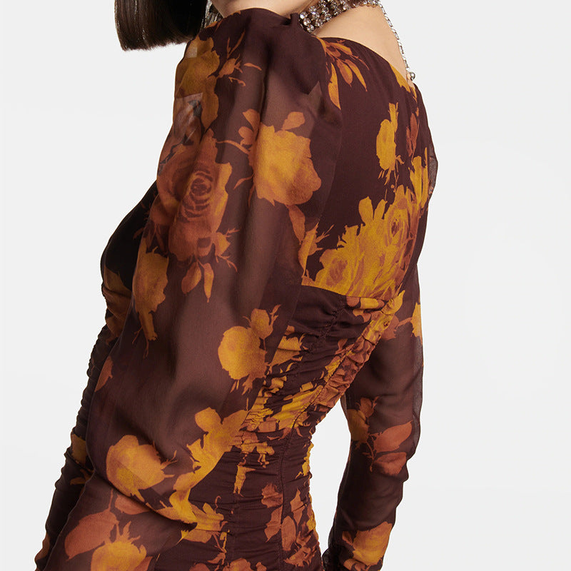 floral print hollow tulle mini dress in brown Flowering Girl