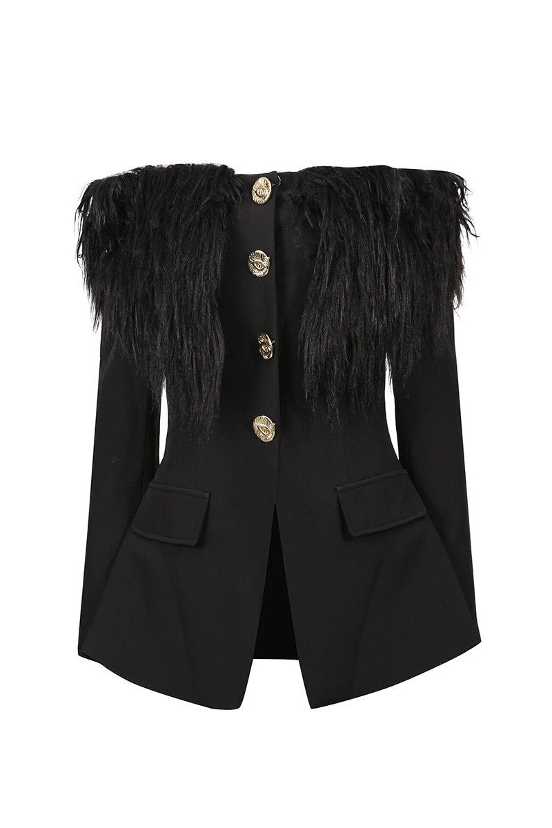 Black Off-Shoulder Feather Metal Buckle Decoration Blazer Mini Dress Flowering Girl