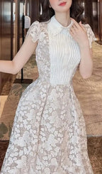 Leila White 3D Flower Embroidery Bow Lace Midi Dress Flowering Girl
