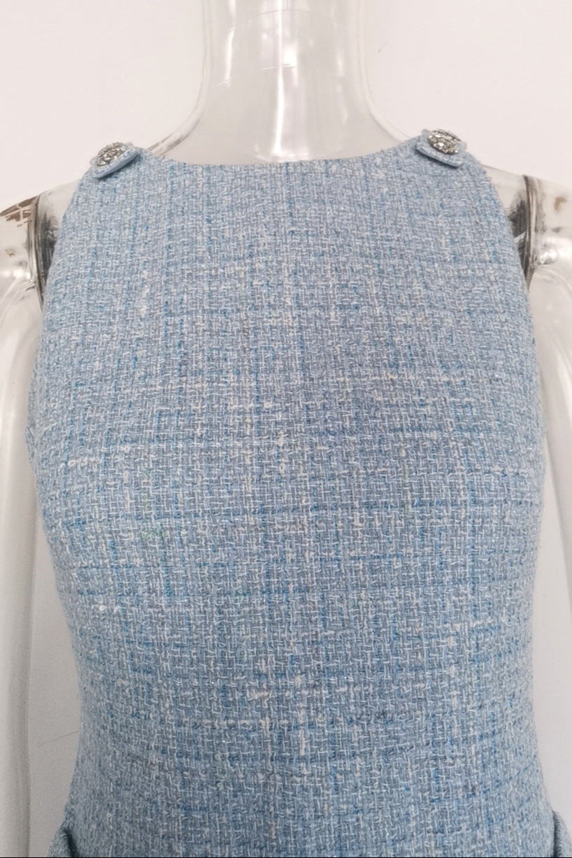 Halter Neck Tweed Vest Mini Dress In Blue Flowering Girl