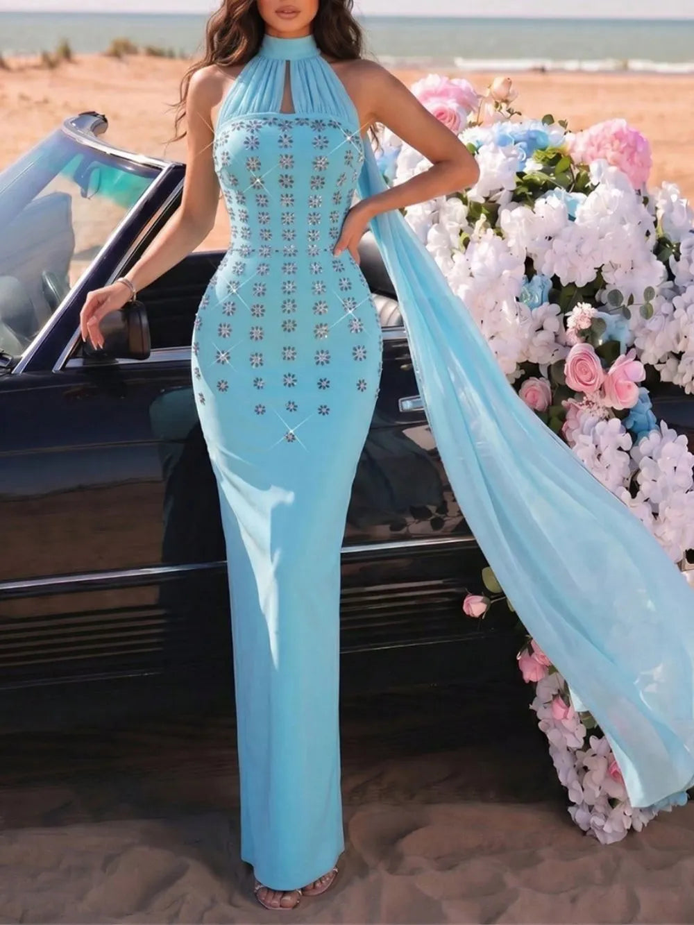 Masood Blue Halter Diamante Bandage Maxi Dress Flowering Girl