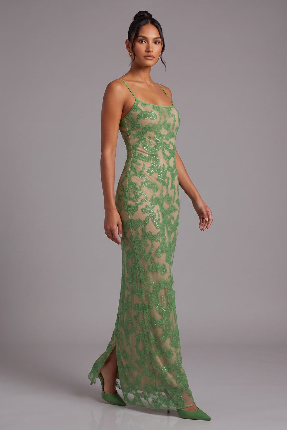 Green Lace Column Gown Flowering Girl