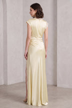 Pale Yellow Satin Column Gown with Lace Trim Flowering Girl
