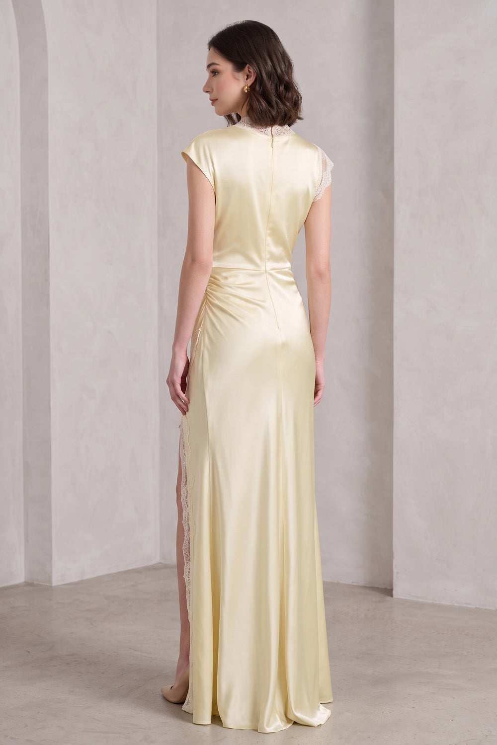 Pale Yellow Satin Column Gown with Lace Trim Flowering Girl