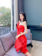 Dolores Strapless Two-Piece Set, Adorned With Bows And Irregular Ribbon Decorations-Red Flowering Girl