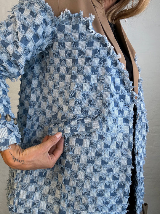 two-tone Denim Checks Blazer in kahki Flowering Girl