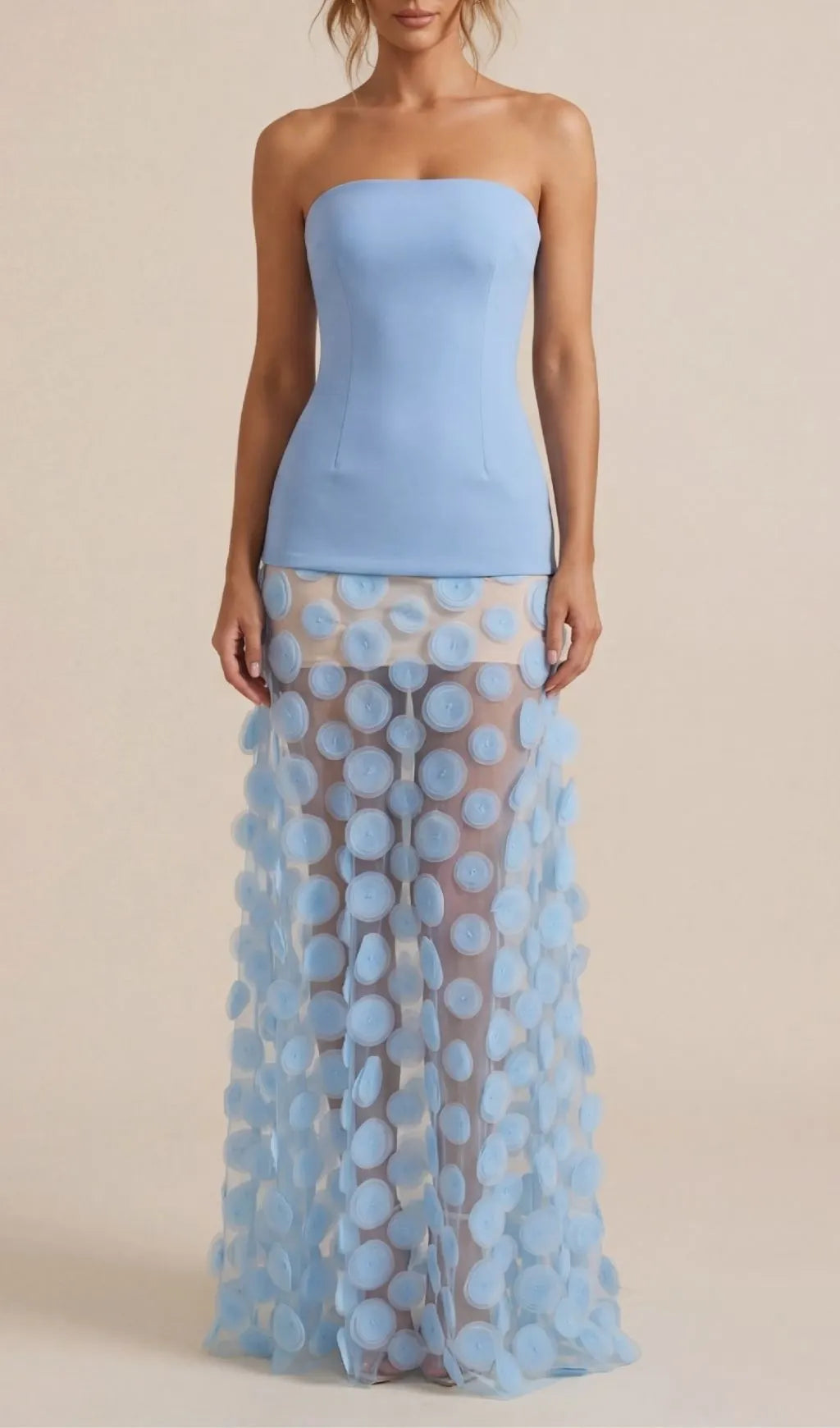 Keala Blue Strapless Mesh Maxi Dress Flowering Girl