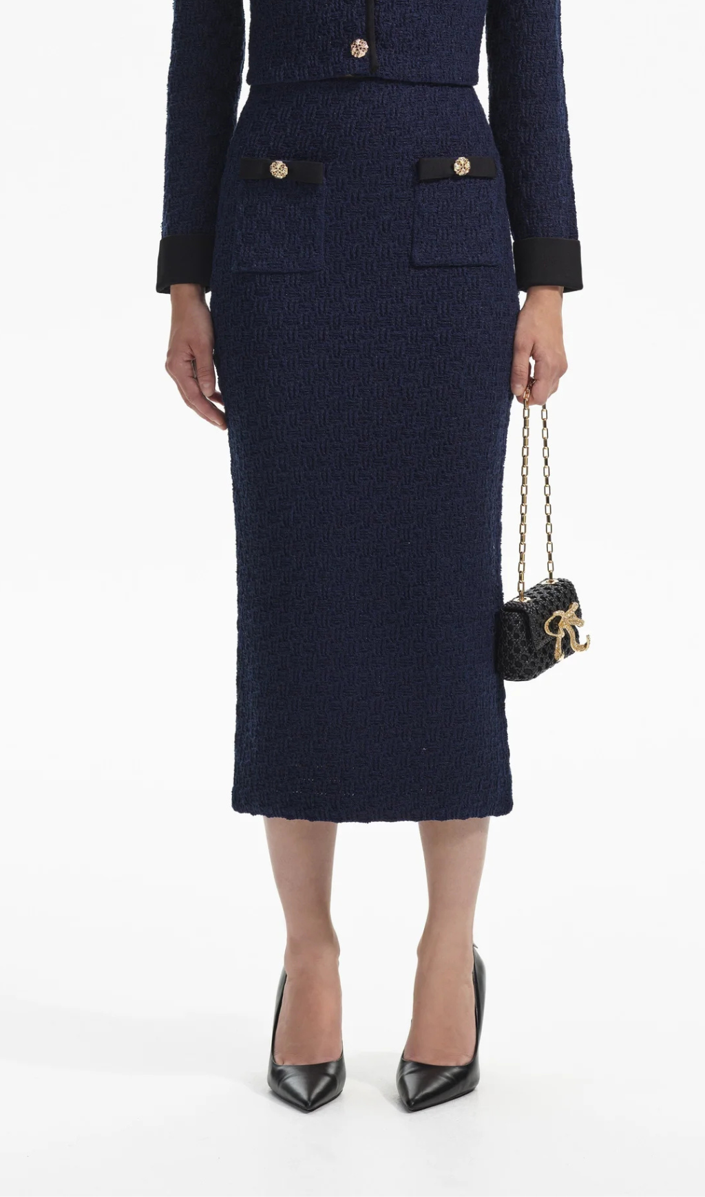 NAVY WEAVE KNIT MIDI SKIRT Flowering Girl