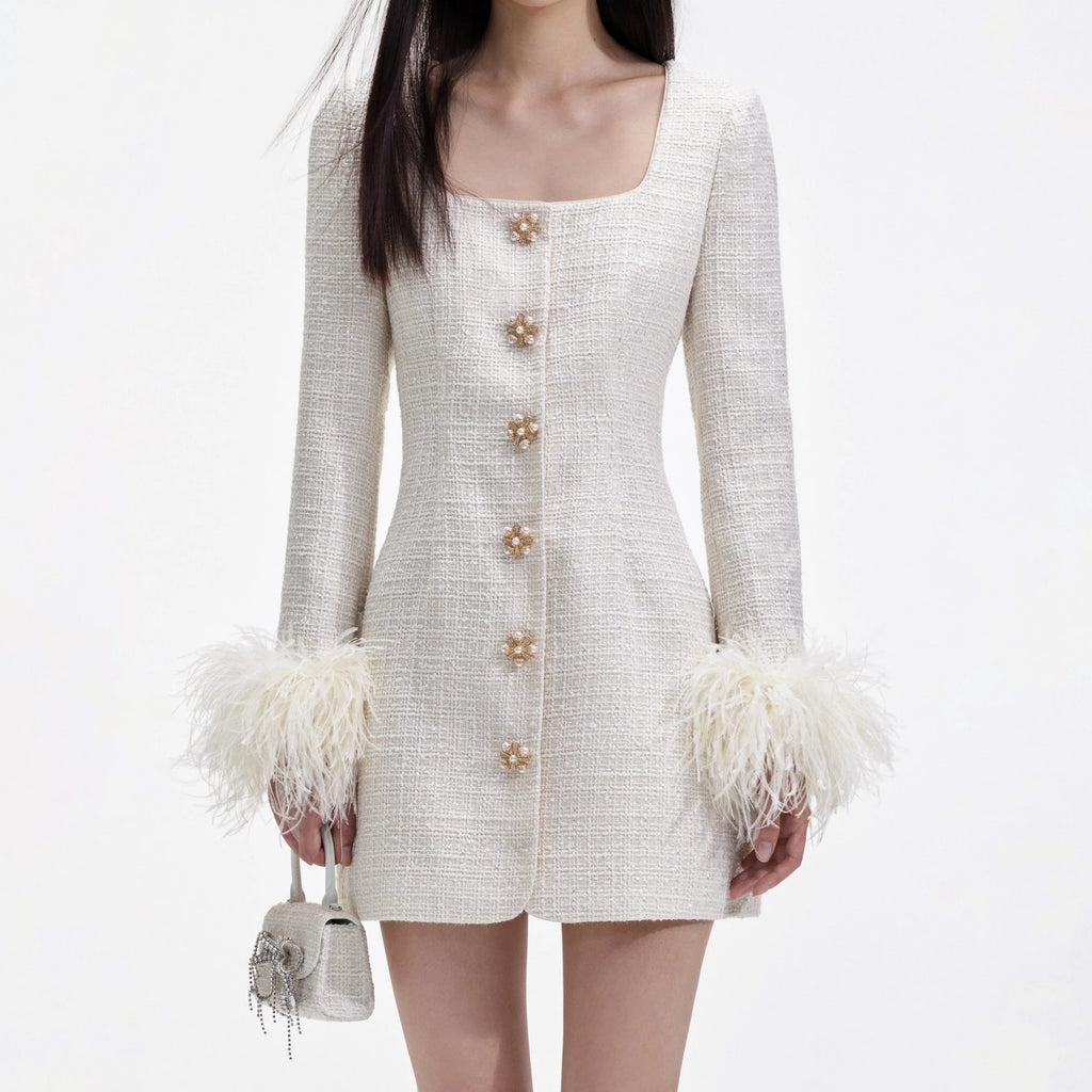 Cream Boucle Feather Mini Dress Flowering Girl