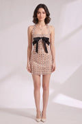 Nude Mesh Sheath Dress with Silver Metallic Tiles and Black Bow Flowering Girl
