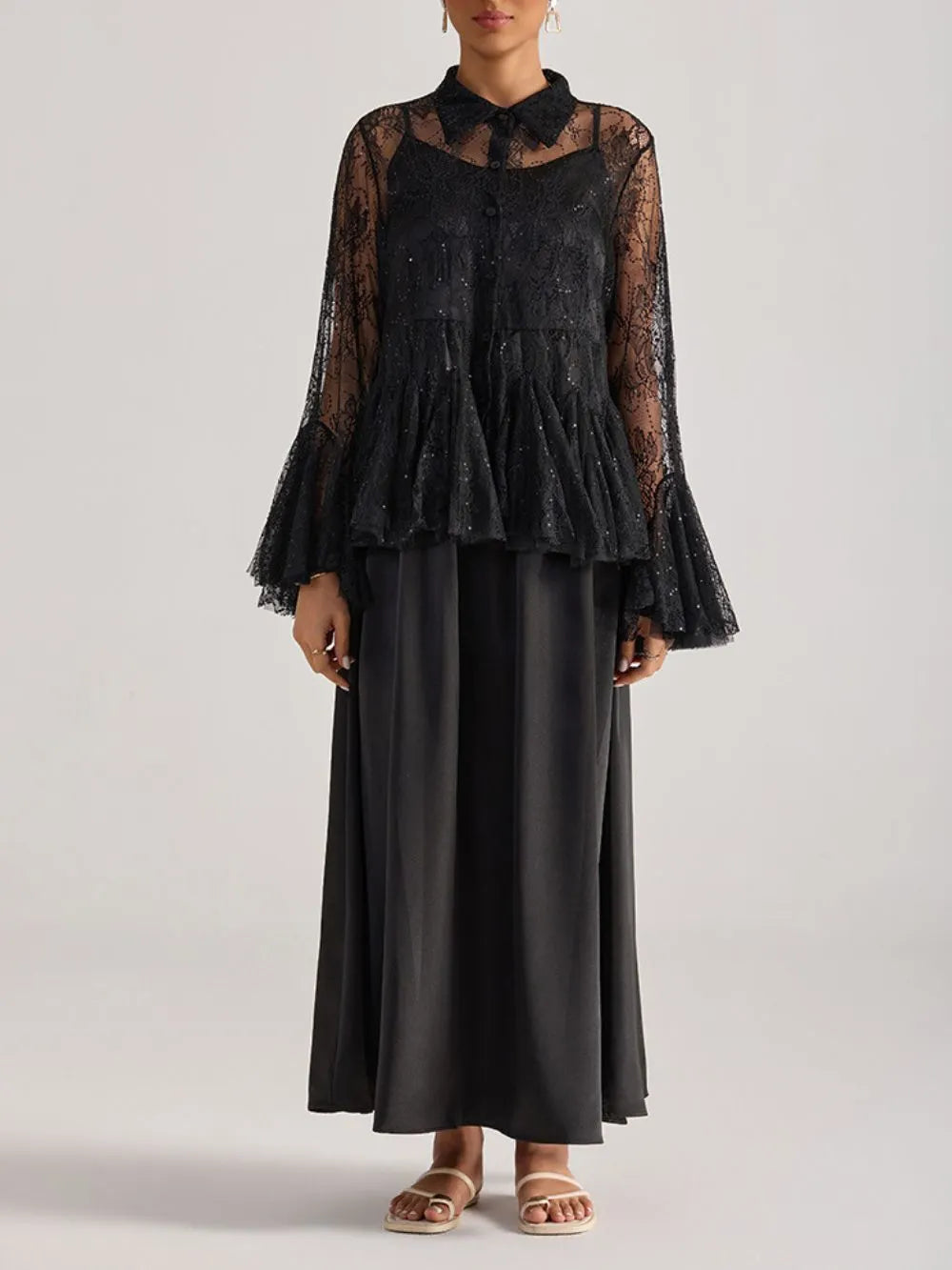 Miori Black Lace Top & Maxi Dress Set Flowering Girl