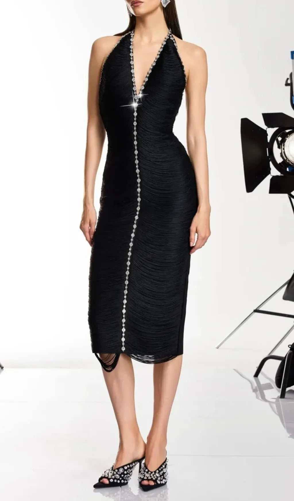 Halric V Neck Fringe Rhinestone Midi Dress Flowering Girl