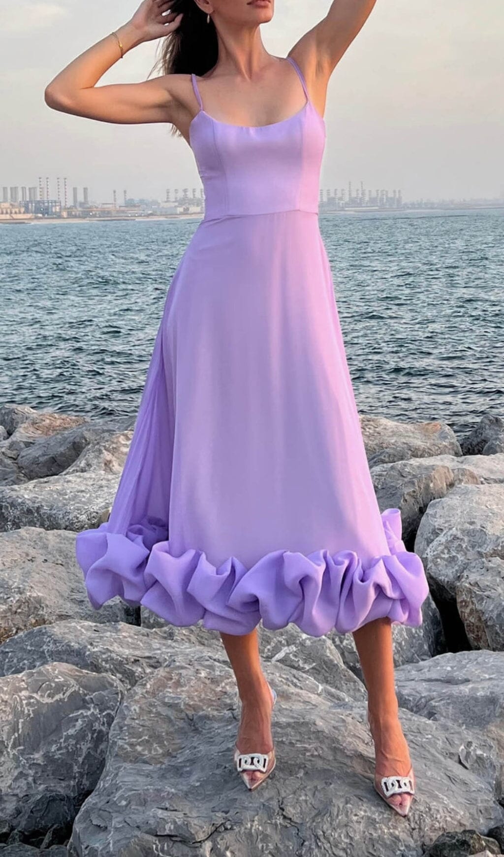 Suspender A-Line Midi Dress In Purple Flowering Girl