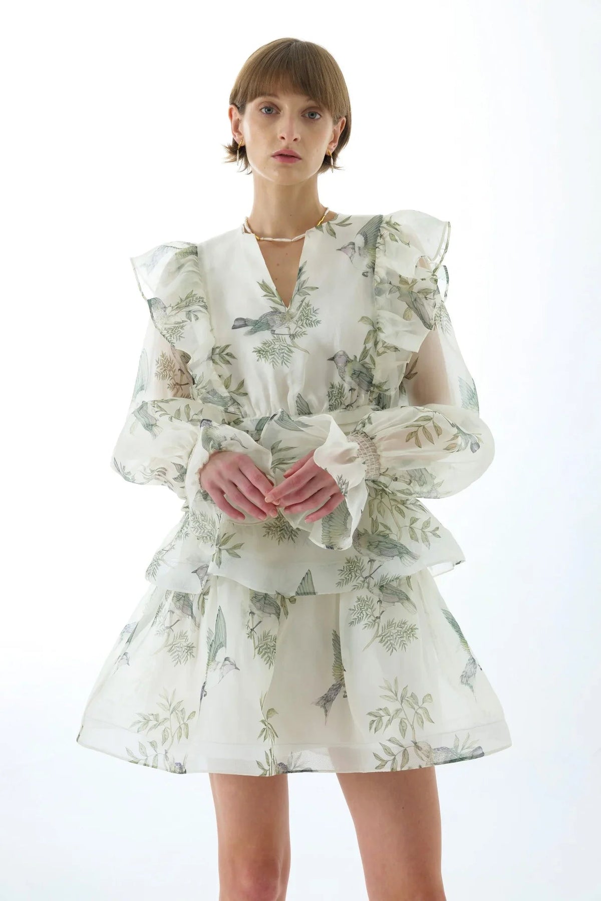 Norma Floral Print Silk Organza Tie Neck Mini Dress Flowering Girl