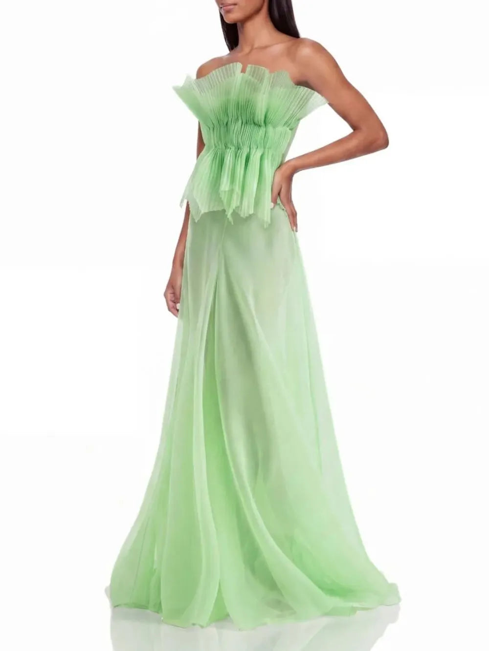 Ovelune Strapless Pleated Mesh Maxi Dress Flowering Girl