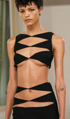 Cutout Two Pieces Suit In Black Flowering Girl