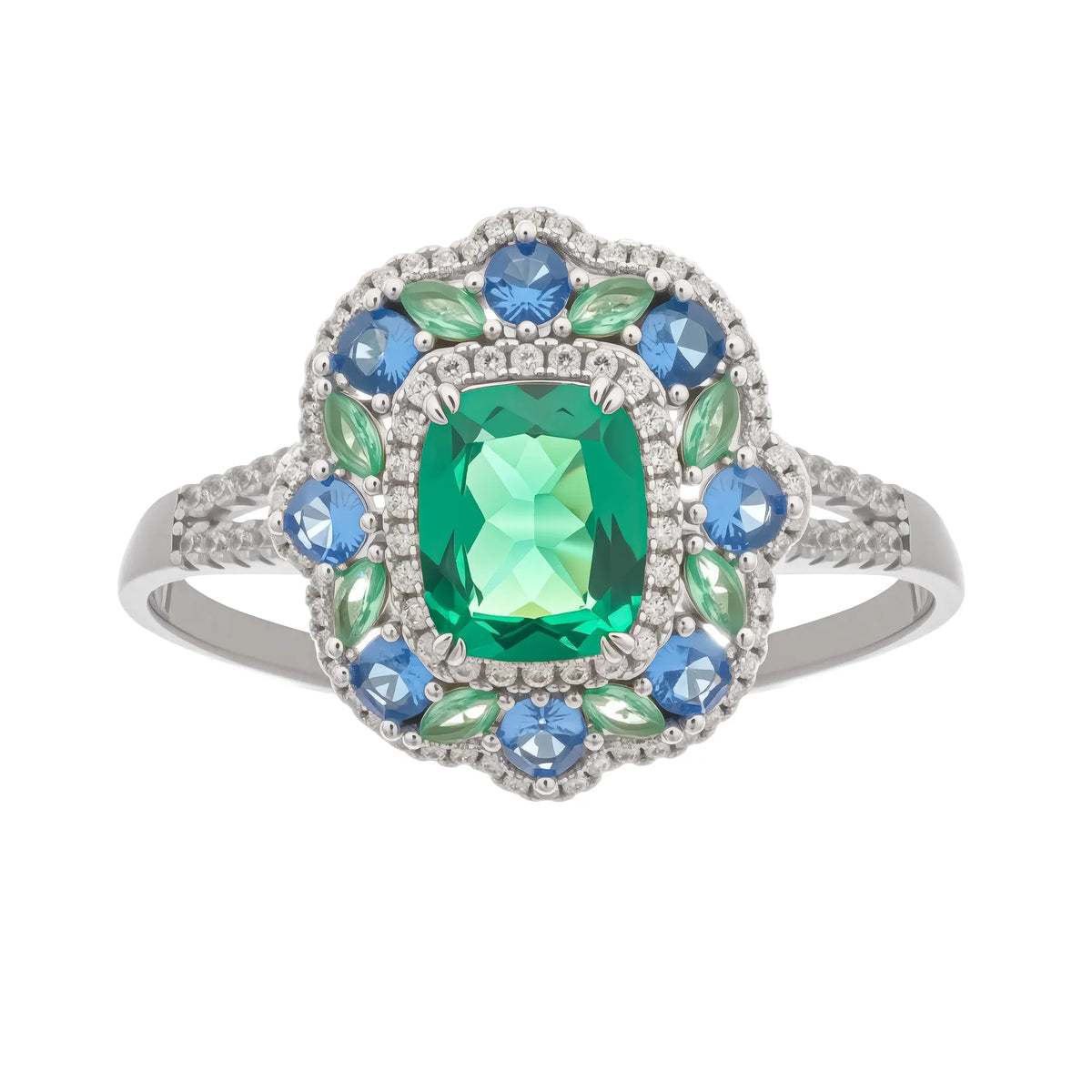 Clémence Green Emerald Cut Gemstone Sterling Silver Ring Flowering Girl