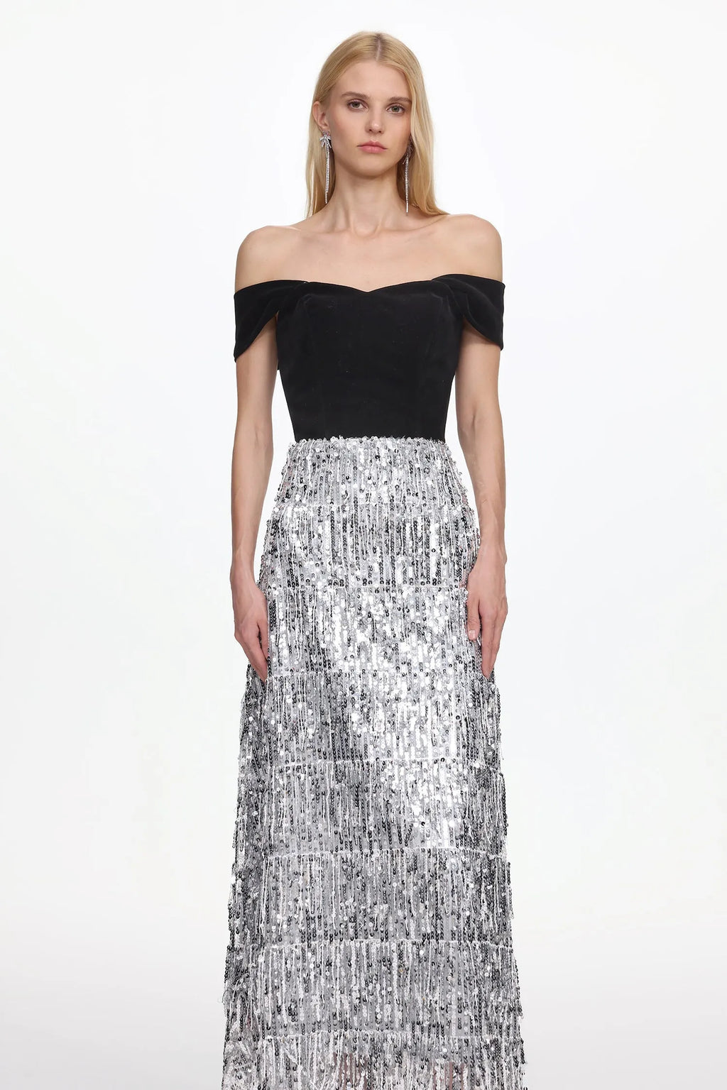 Merrit Off Shoulder Fringe Velvet Maxi Dress Flowering Girl