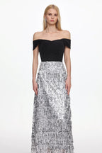 Merrit Off Shoulder Fringe Velvet Maxi Dress Flowering Girl