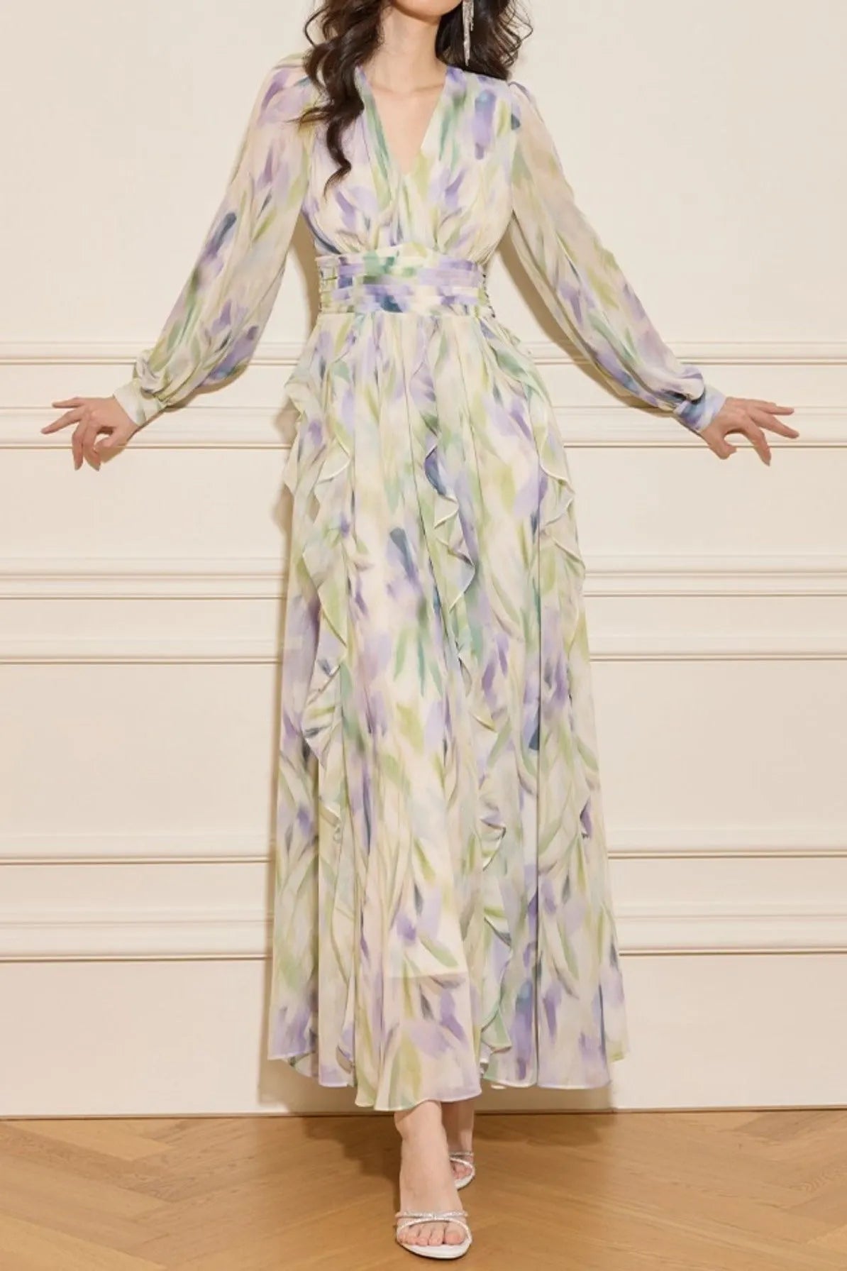 Rachel Multicolor v-Neck Floral Print Lantern Sleeve Maxi Dress Flowering Girl