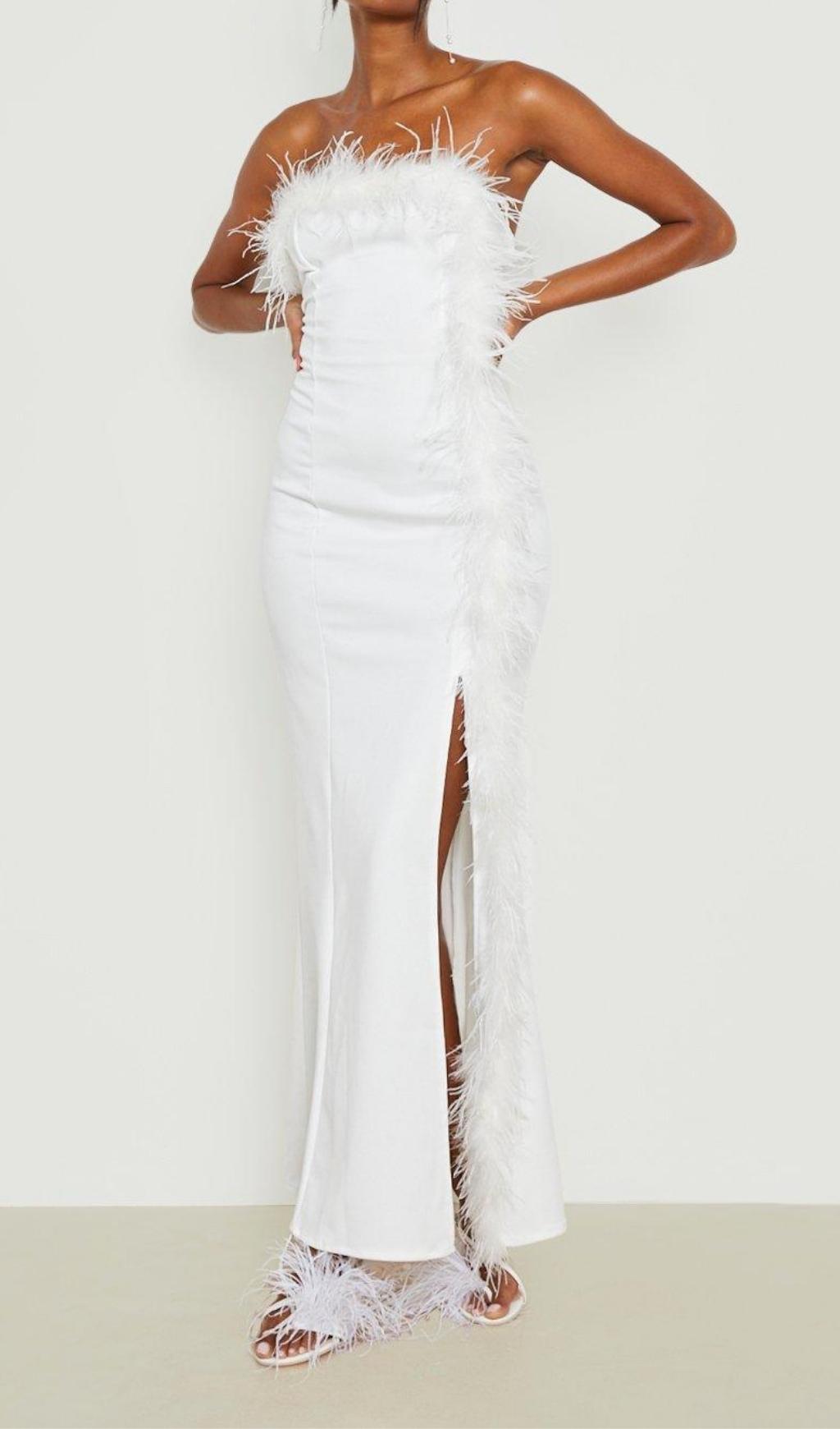 Feather Strapless Maxi Dress In White Flowering Girl