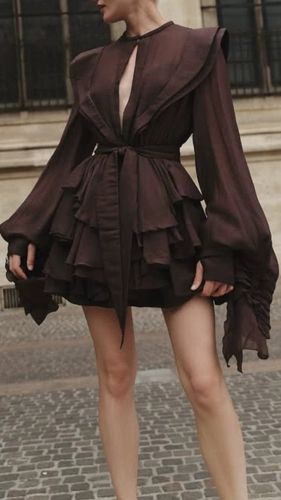 Fleur Brown Long Sleeve Ruffle Mini Dress Flowering Girl
