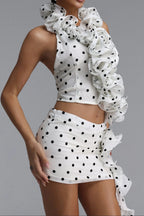 Polka Dot Ruffle Halter Crop Top & Mini Skirt Two Piece Set Flowering Girl