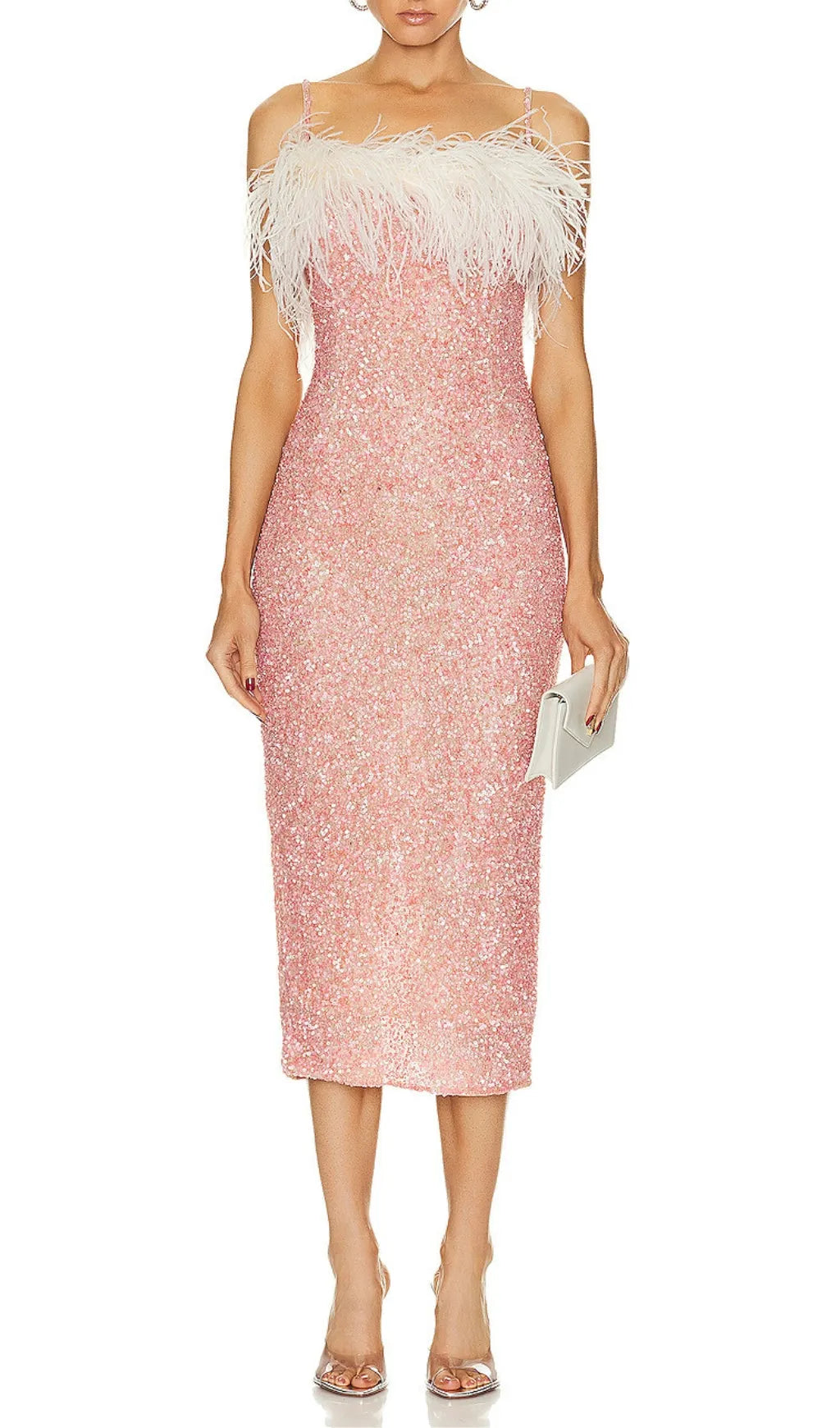 Aleka Pink Sequin Feather Midi Dress