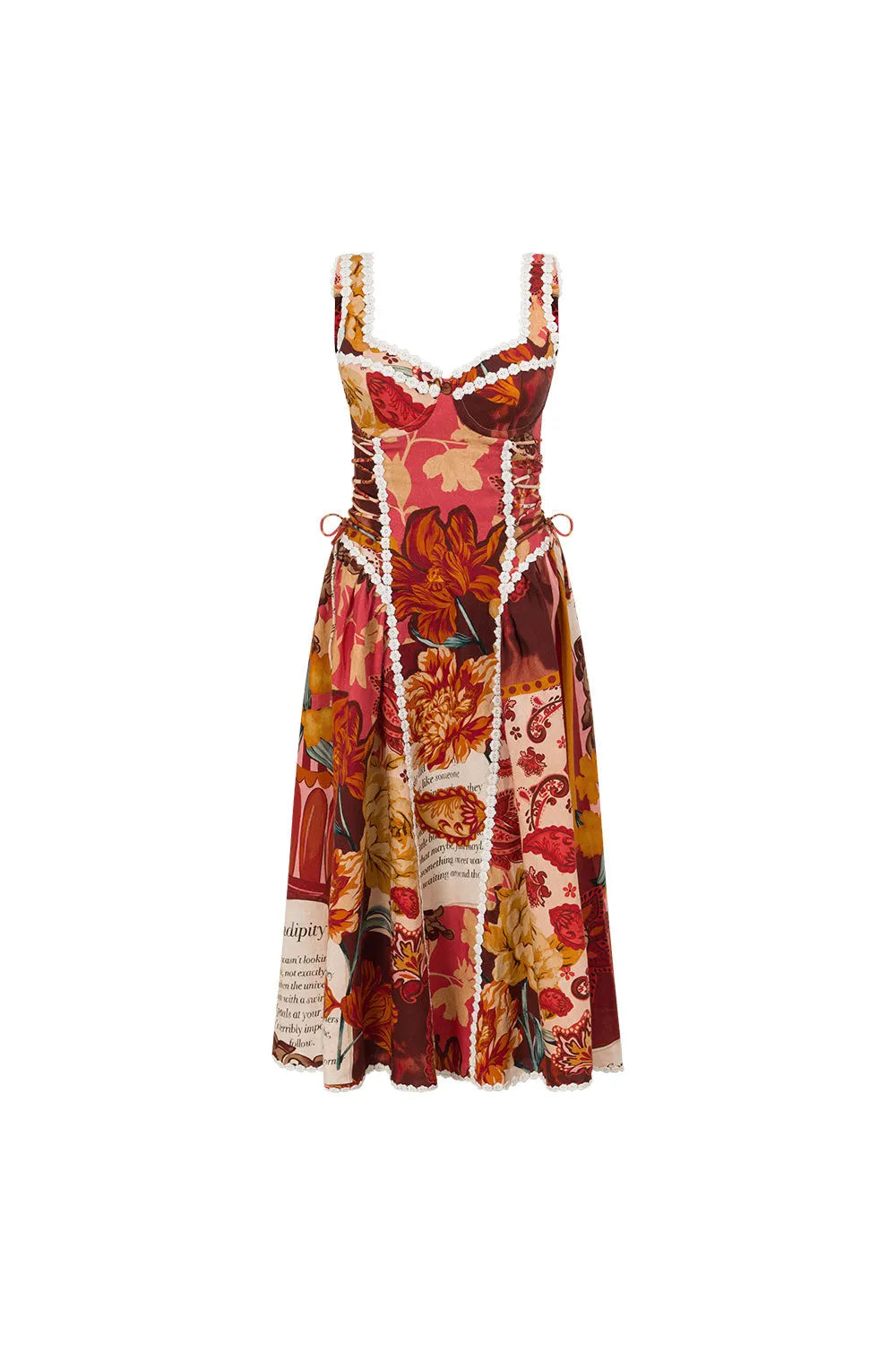 Pandora Spaghetti Strap Lace Linen Patchwork Midi Dress Flowering Girl