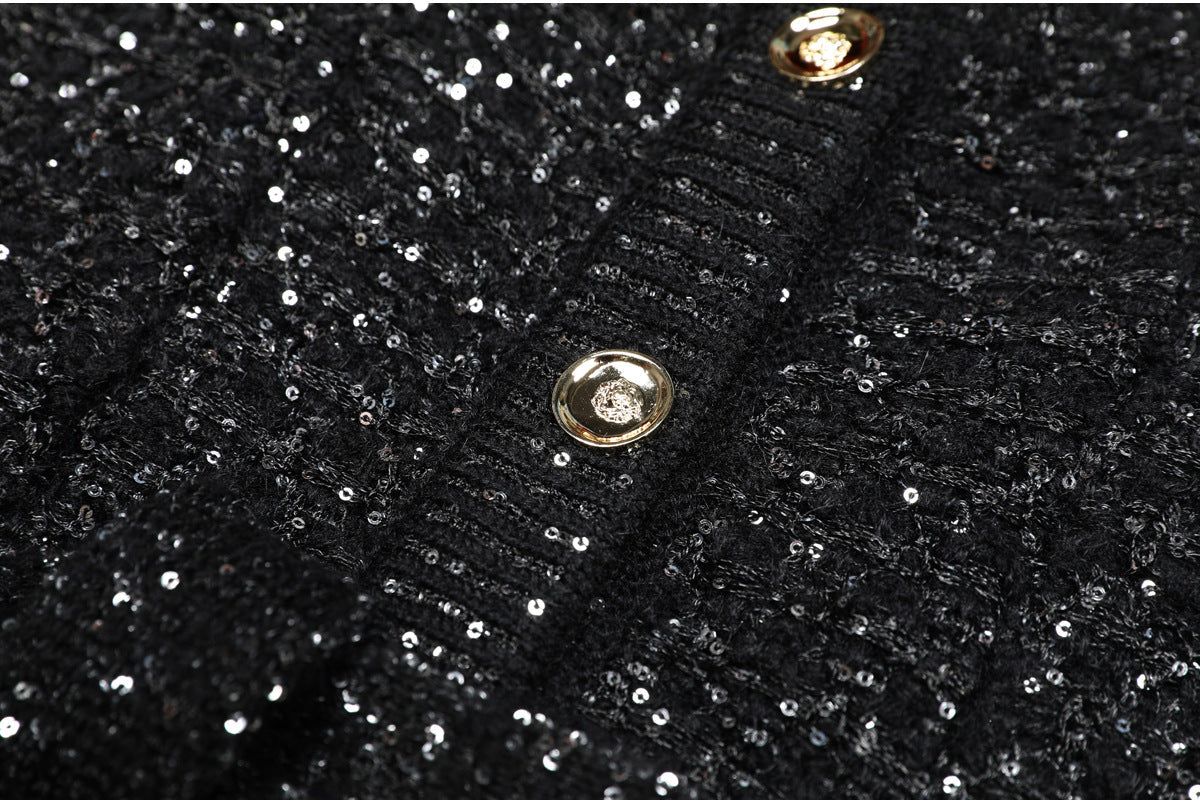 Sequin Knit v-Neck Cardigan In Black Flowering Girl