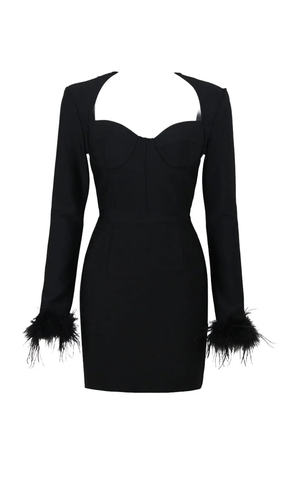 Stretch Long Sleeves Feather Mini Dress In Black Flowering Girl