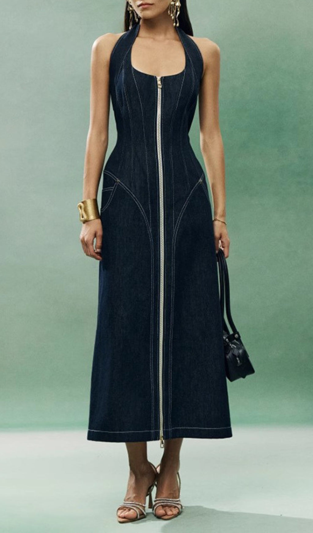 Everlee Halter Denim Midi Dress Flowering Girl